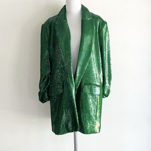 River Island Sequin Blazer Jacket US Size 8 Emerald Green Open Ruched Sleeve